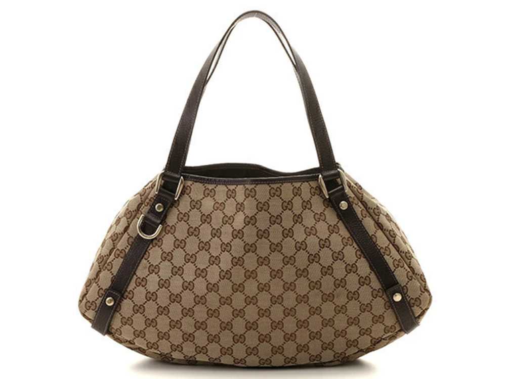 Gucci GG Tote Bag Canvas Leather Dark Brown Beige Cream